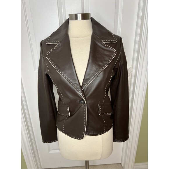 Wilsons Leather Blazer Jacket Brown Retro Piping Whipstitch Structured S Vintage - Picture 1 of 16